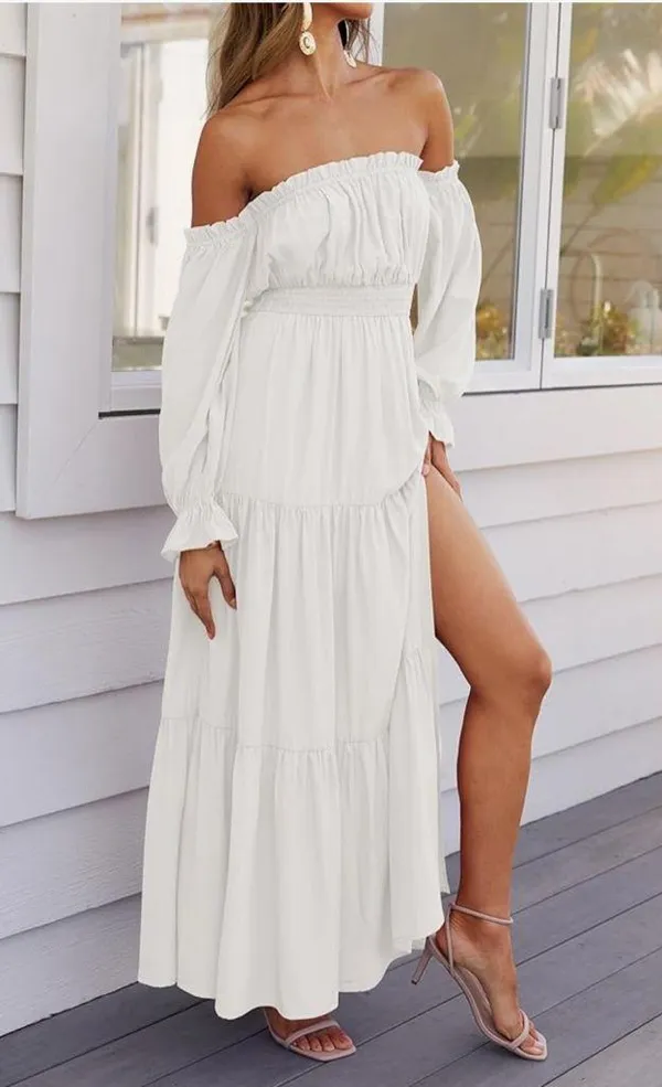 NEW Off Shoulder Long Sleeve Smocked Side Split Flowy Lined Tiered Maxi Dress M - Image 8