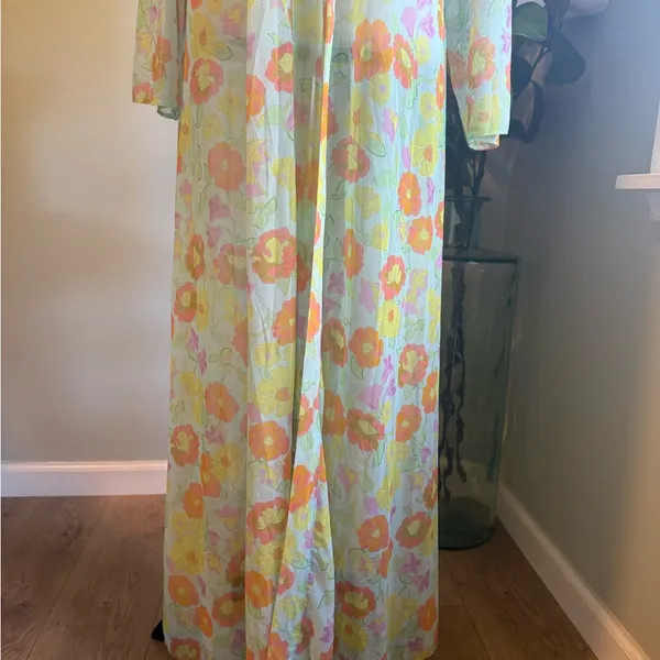 Savage X Fenty FREE SPIRIT FLORAL FULL-LENGTH‎ ROBE pink yellow small sheer NWT - Image 8