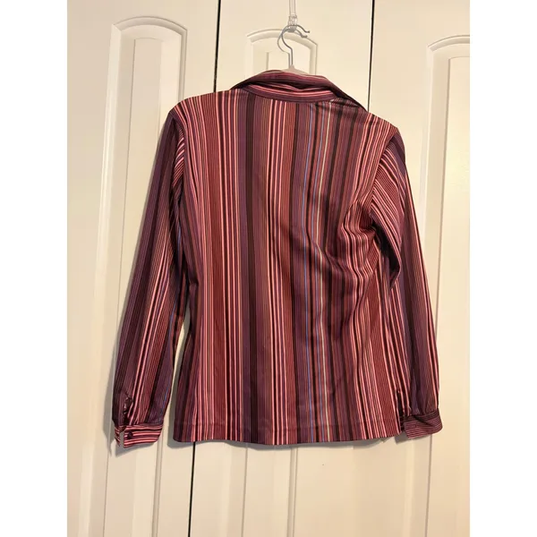 Vintage Button Down Blouse‎ Retro Stripe Burgundy Plum Silky Long Sleeve - Image 4