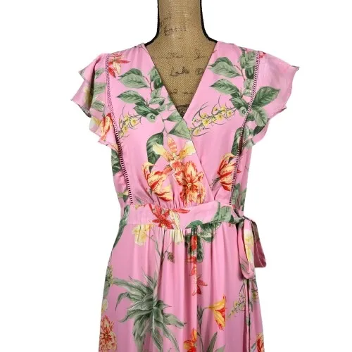 Gibson Latimer Pink Tropical Floral Midi‎ Dress Ruffle Flutter Sleeve Size 6 - Image 2