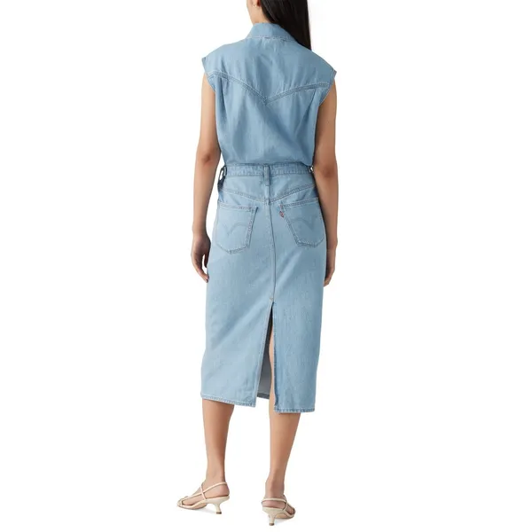 Levi's Denim Dress Women XS Blue NWT Sleeveless Midi Button Front Pockets - Image 3