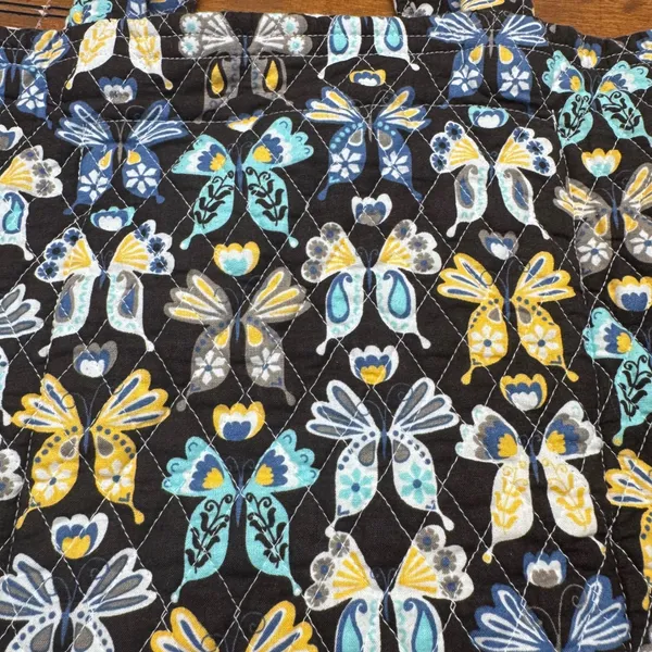 Quilted Butterfly Print Tote Bag Black‎ Blue Yellow Floral Interior Lace Trim - Image 2