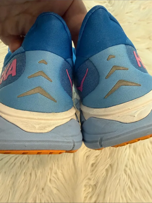 Hoka Blue Running Shoes with Pink Logo and Orange Accents in fair/ good condi - Image 5