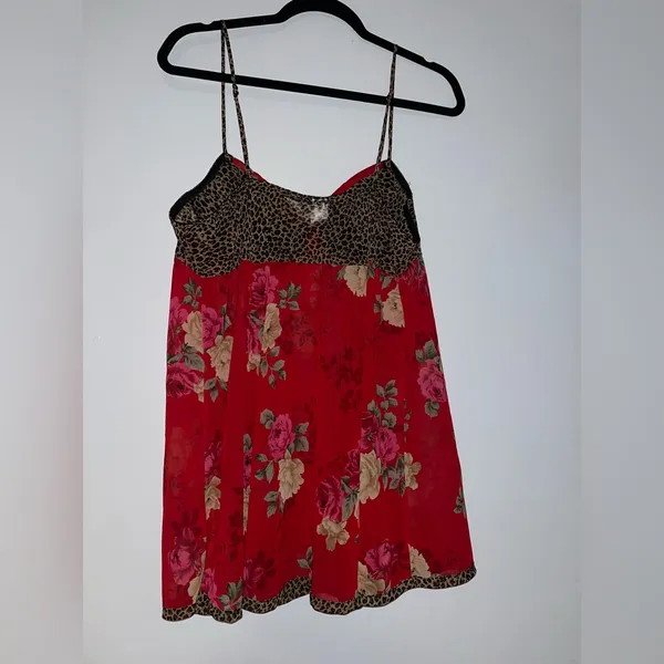 Vintage Seductive 90s Leopard & Floral Satin Slip Dress Sexy Babydoll Nightie‎ - Image 2