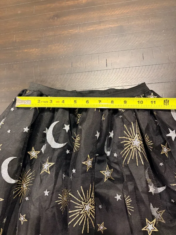 Celestial Moon Stars Tulle Skirt Black Gold Silver Sheer Mesh S/M Whimsigoth - Image 5
