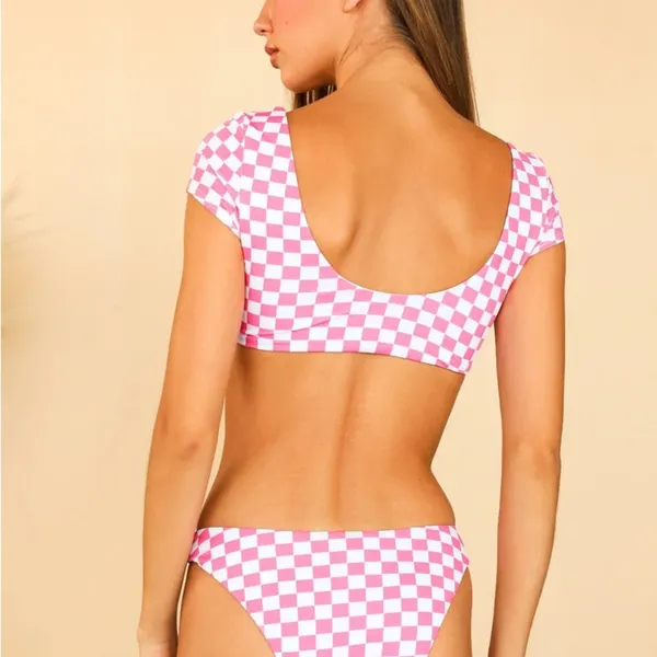 Dippin Daisy’s Pink Gingham Bikini Top with Cap Sleeves - Image 2