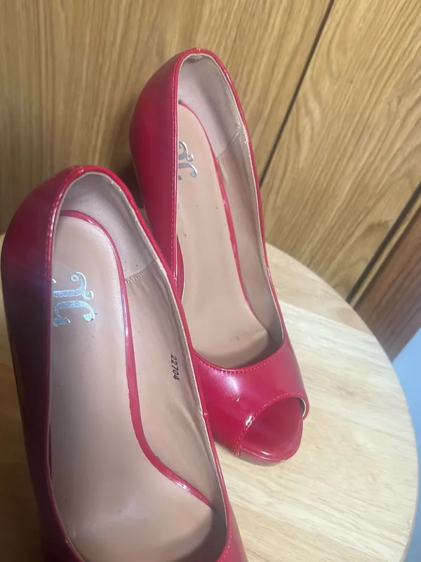 Classic Patent Peep-Toe High Heels in Red - Image 3