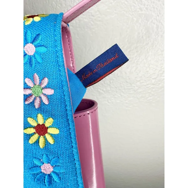 Ralph Shoulder Bag Womens Small Blue Canvas Pink Leather Floral Embroidery - Image 7