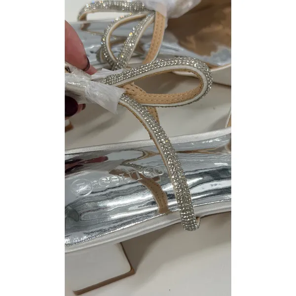 Coutigo White Satin Block Heel Sandals Rhinestone Bow Ankle Strap Size 11 - Image 2
