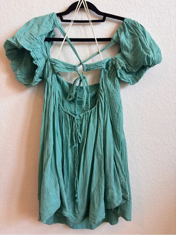 Free People XS Aqua Gauze Puff Sleeve Open Back Mini Dress - Image 3
