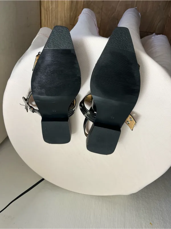Black Patent Pointed Slingback Mules with Buckle Straps - Image 7