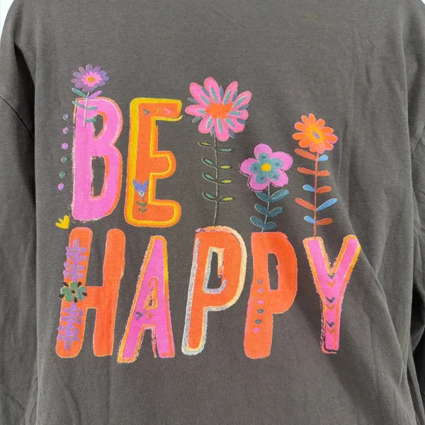 Natural Life Be Happy Floral Graphic Long Sleeve Tee Medium Charcoal Gray Boho - Image 4