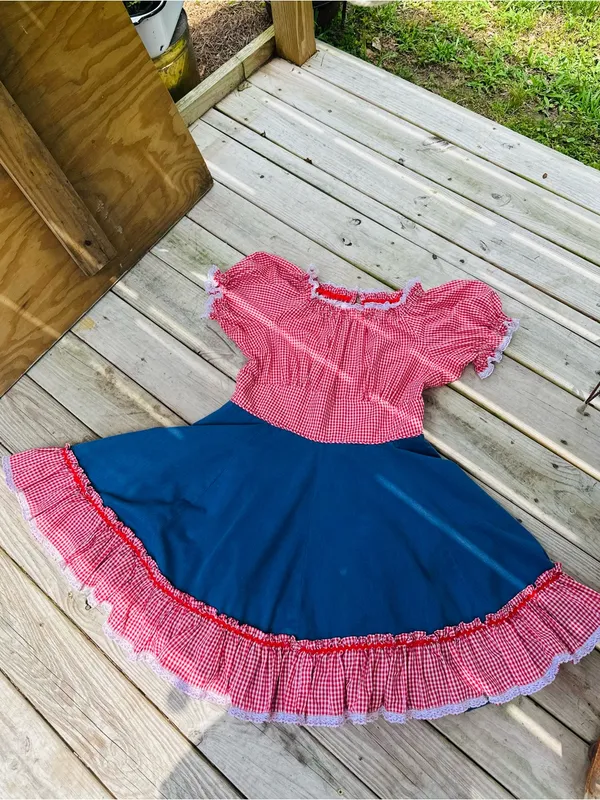 Handmade VINTAGE SQUARE DANCE PRAIRIE DRESS RED GINGHAM CHECKERED w DENIM Size 12/14 - Image 5