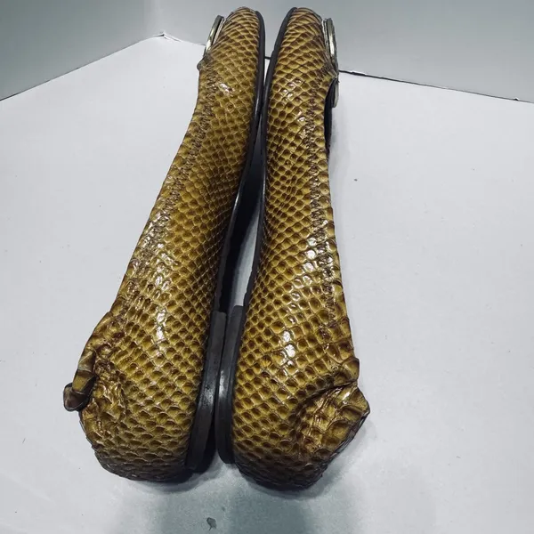 Tory Burch Reva Gold ballet flats shoes Mustard yellow snakeskin leather sz 10 - Image 6