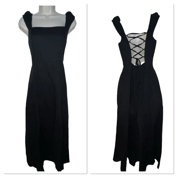 Zara Black Sleeveless Midi Dress Womens Size Small Linen Blend‎ Tie Back Goth - Image 2