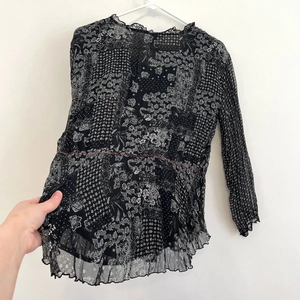 COLDWATER CREEK Black White Patchwork Floral Crinkle Button 3/4 Sleeve Blouse S - Image 13