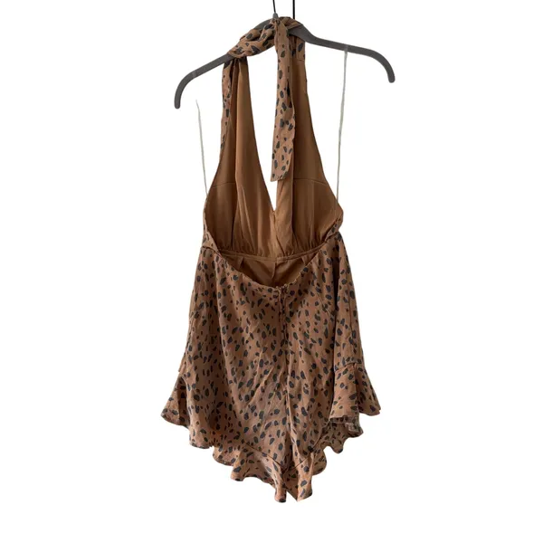 Trixxi Leopard Halter Romper Dress Brown Black Ruffle Mini Women’s Small S - Image 6