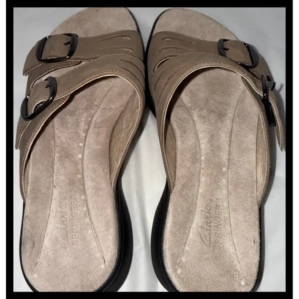Clarks Springers Sandals Womens 5.5 Brown Leather Buckle Slides Comfort Casual - Image 3