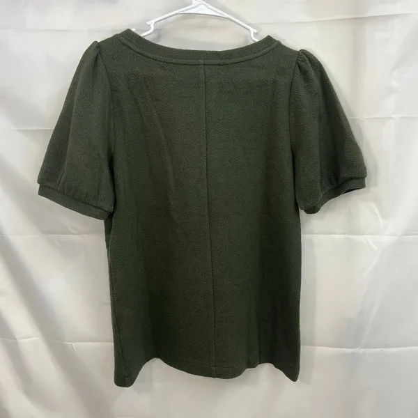 LOFT women's olive‎ green puff sleeve thick kit relaxed Crewcut blouse casual S - Image 6