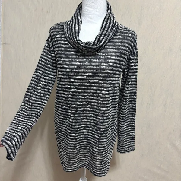 J.Jill Tunic Sweater Black White Striped Cowl Neck Lightweight Semi-Sheer Knit S - Image 2