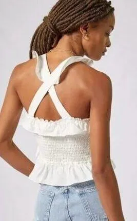 Anthropologie Maeve Top Womens X Small White Ruffle Tank Smocked Cotton - Image 2