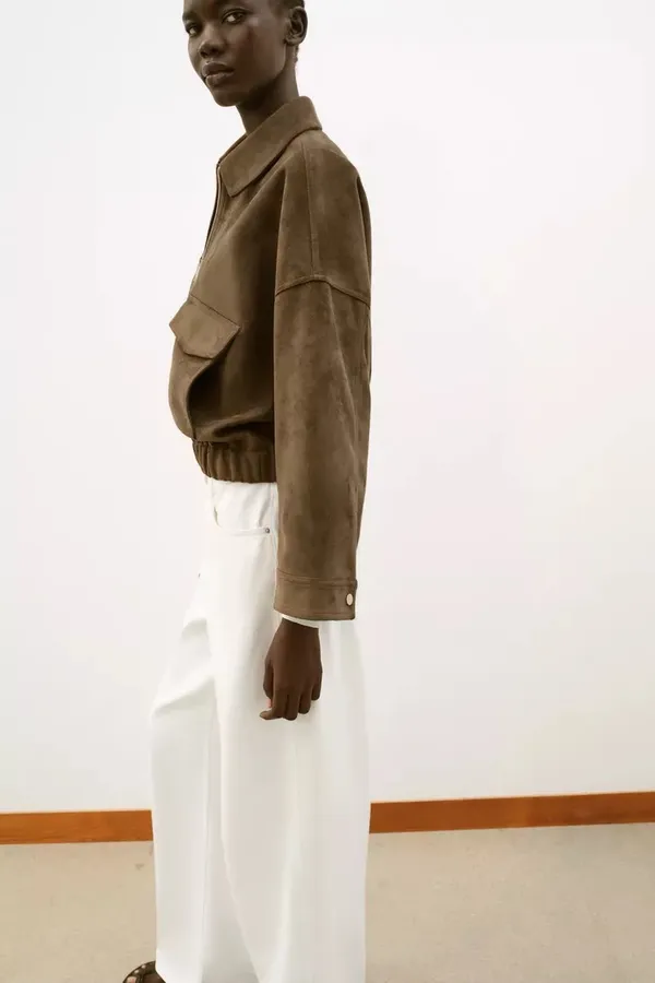 Zara Brown Tan Suede Faux Leather Bomber Jacket Outerwear - Image 9