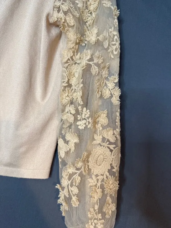 Sioni Milano Womens Medium Floral Embroidered Mesh Sleeve Cardigan Romantic - Image 3