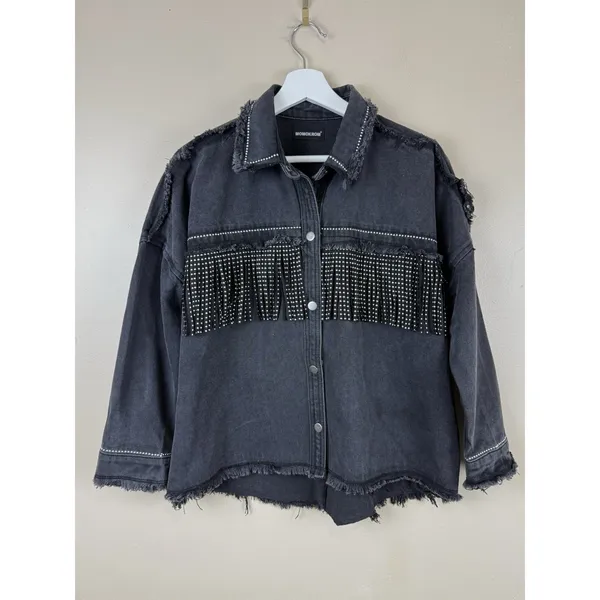Denim Jacket Black Fringed Western Women’s Size S Embellished Festival Coachella - Image 2