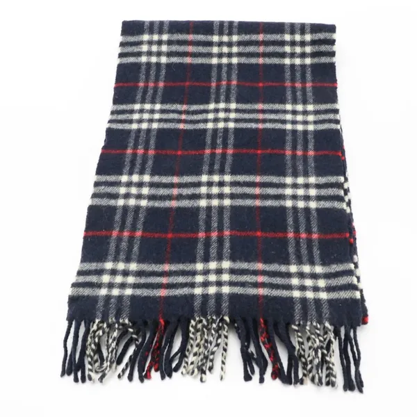 Vintage Burberry House Check Blue, Red & White Lambswool Plaid Scarf - Image 3