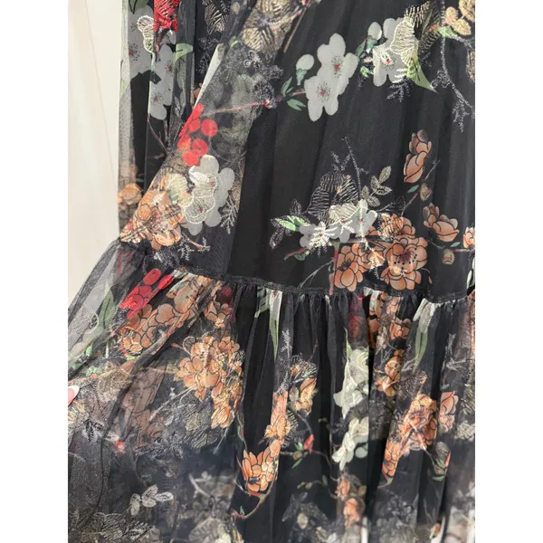 Gracia Floral Embroidered Mesh MIDI Black Tiered Tulle‎ Size S NWT - Image 2