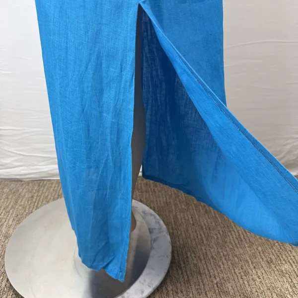 Hilo Turquoise Linen Slip Dress Maxi Sundress‎ Size M Side Slit V-Neck Pockets - Image 4