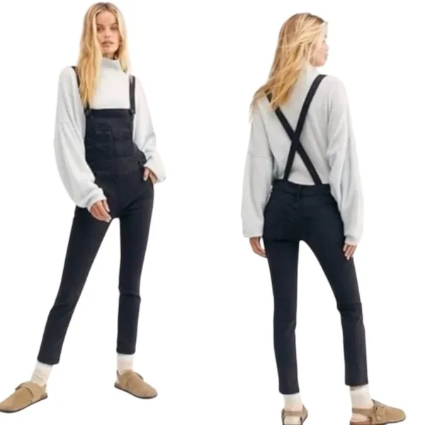 Free People Overalls Womens Size 24 Washed Black Denim Skinny Leg Bib - Image 4