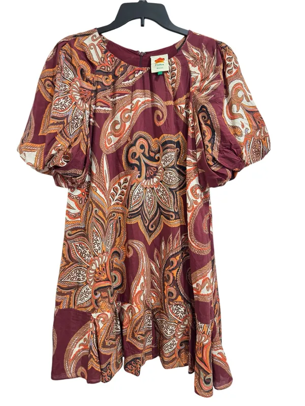 FARM Rio Paisley Floral Print Mini Dress Burgundy Puff Sleeve Size Large - Image 2