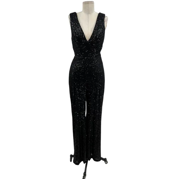 Ieena for Mac Duggal Jumpsuit 26691 Sequin Cut Out Wide Leg‎ Black Size 4 - Image 3