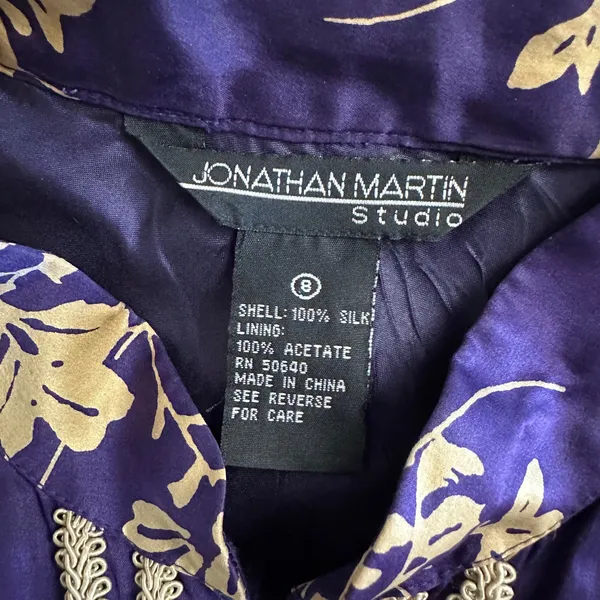 Jonathan Martin Studio 100%‎ Silk Purple Gold Floral Embroidered Midi Dress Sz 8 - Image 2