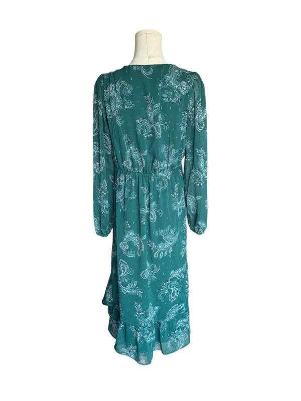Lucky Brand - NWT Teal Paisley Chiffon Midi Dress Long Sleeve Metallic Sz M - Image 5