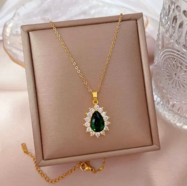 18K Gold Plated Crystal Teardrop Emerald Pendant Necklace for Women - Image 3