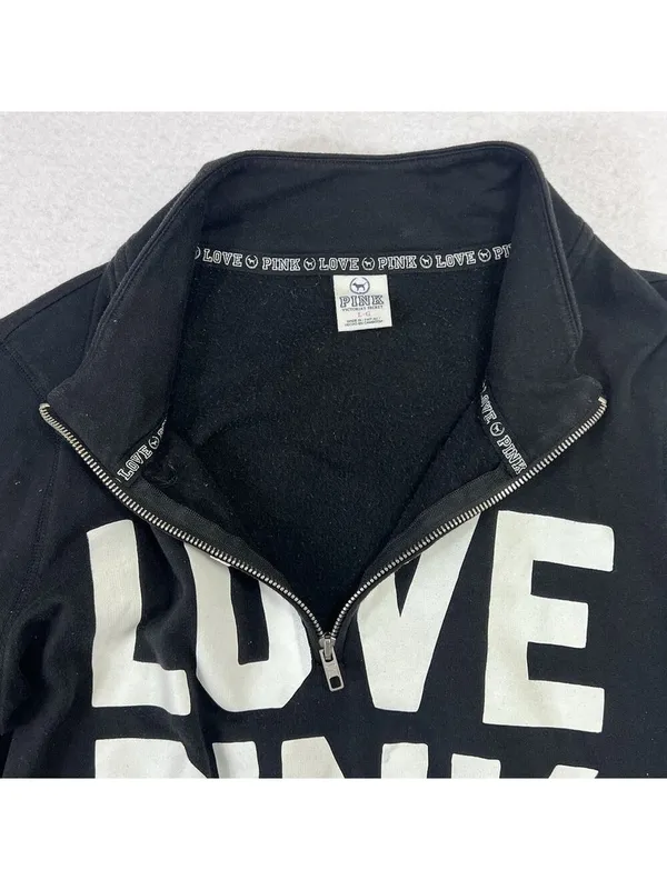 Vtg Y2K Victoria's Secret PINK 'Love Pink' Half Zip Sweatshirt Size L Black - Image 6