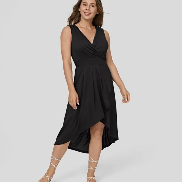 Halara Deep V Neck High Low Crossover Hem Midi Dress Black Large NWT - Image 14