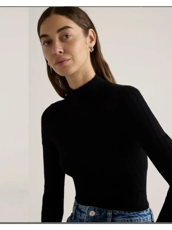Quince Stretch Ribbed Organic Cotton Cashmere Long Sleeve Bodysuit Black Size S - Image 3