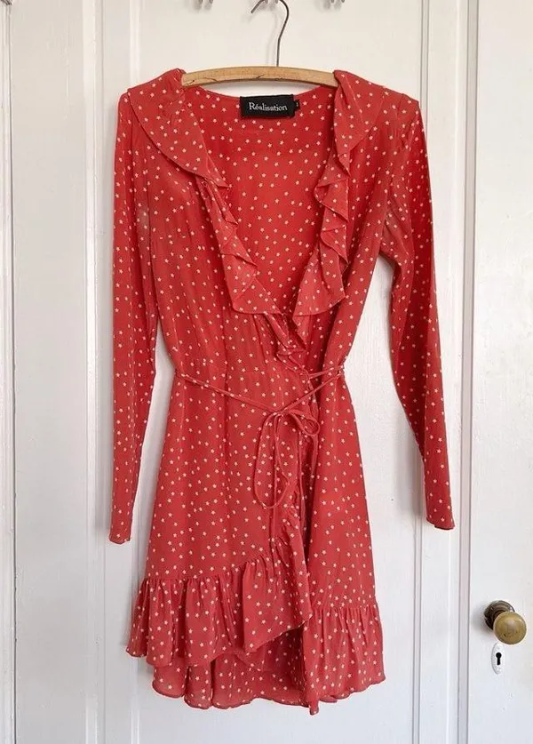 Realisation Par • The Alexandra wrap silk mini dress Red Star print ruffled - Image 3