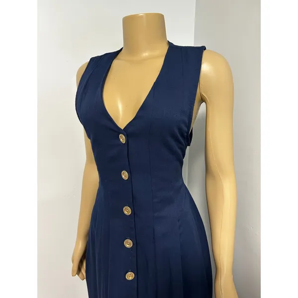 Y2K 90s Willow Ridge Vintage Navy Blue Button Down Pleated Midi Dress 10P USA - Image 2
