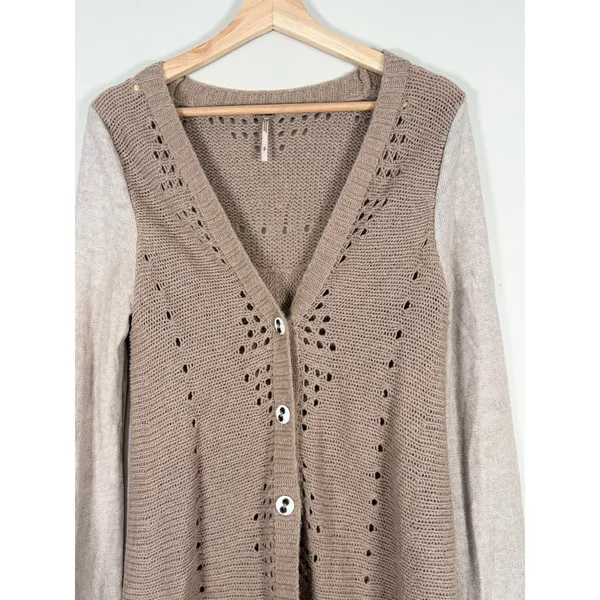 Free People‎ Wool Blend Lace Back Pointelle Cardigan Sweater Taupe Womens Small - Image 3