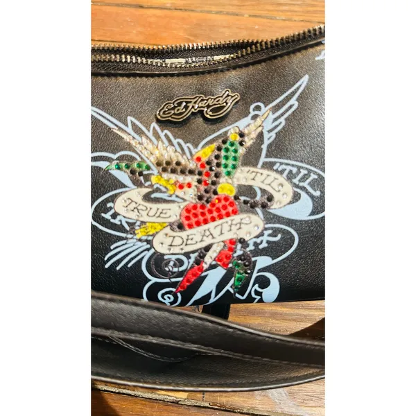 ED HARDY Y2K Black Red True Til Death Faux Leather Roses Shoulder Bag Purse - Image 14
