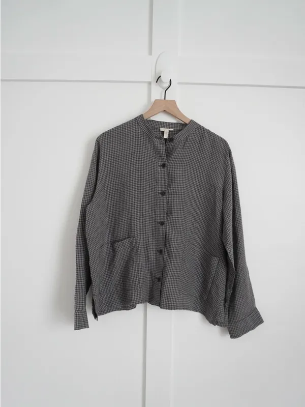 Eileen Fisher Linen Gingham Mandarin Collar Jacket - Image 2
