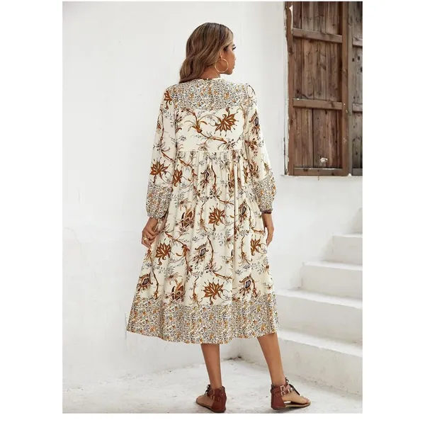 NEW Long Sleeve Floral Print Retro V Neck Tassel Bohemian Midi Dress 2X - Image 4