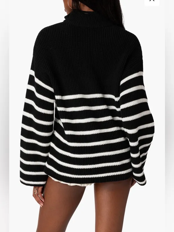 Edikted  Oversized Striped Navy and White Half-Zip Sweater SZ:XS - Image 4