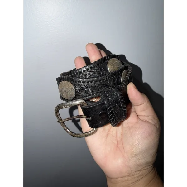 Vintage Heavy Tooled Leather Concho Belt Size 38 Western Biker Black Silver Tone - Image 2