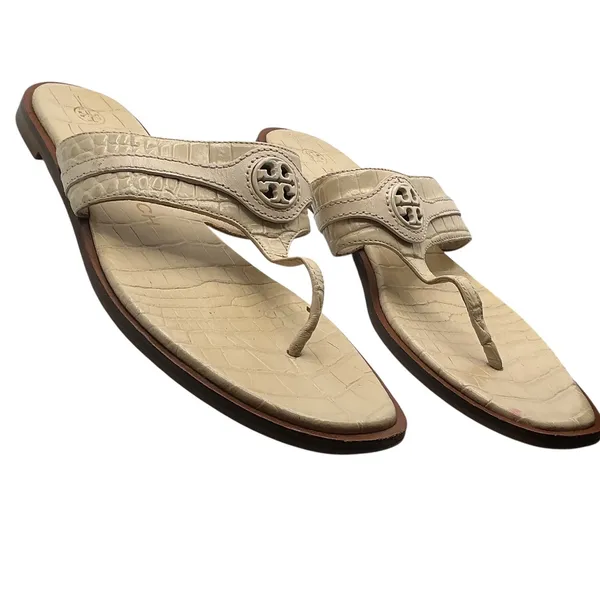 Tory Burch Miller Cream Crocodile Embossed Leather Thong Sandals 7.5M 8813 - Image 2
