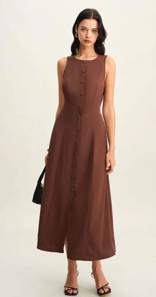Rihoas Brown Round Neck Button Sleeveless Maxi Dress - Image 3